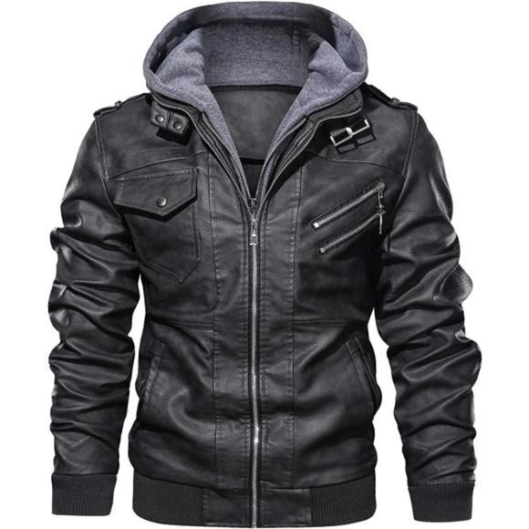 Men’s Casual Stand Collar PU Faux Leather Zip-Up‎ Motorcycle Bomber Jacket - Picture 1 of 7